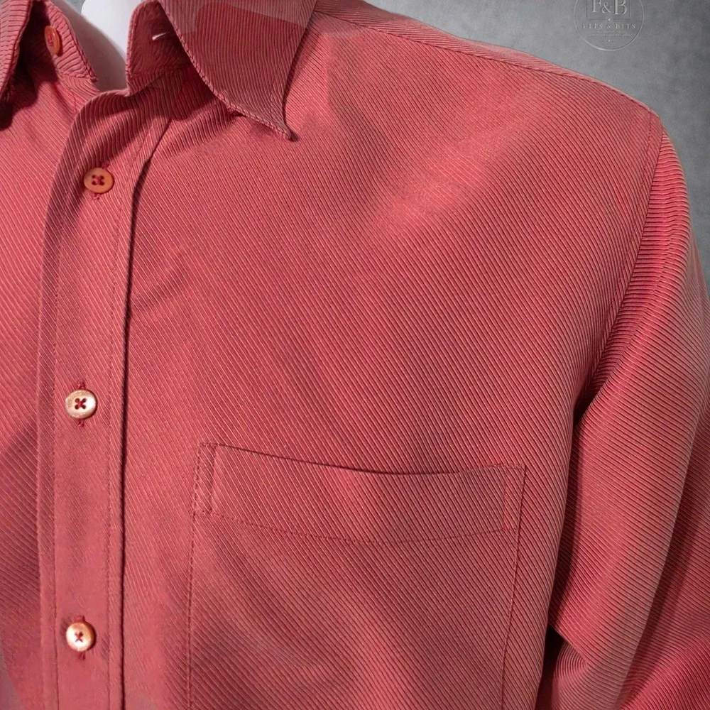 Bugatchi Uomo Mens Medium Coral Ribbed Textured Long Sleeve Button Down Shirt - Picture 4 of 10
